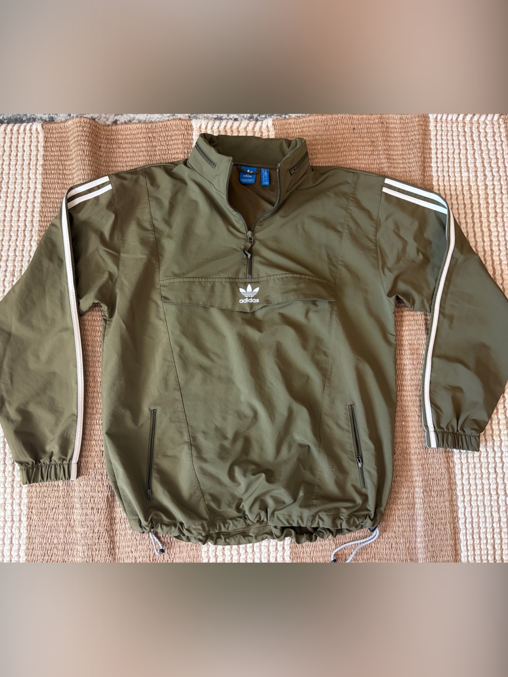 adidas Olive Windbreaker with White Stripe Detail - Men's